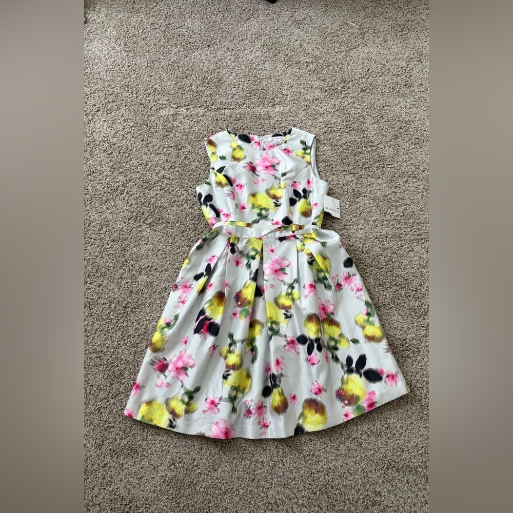 Liz Claiborne Floral Fit-and-Flare Dress in White, Pink & Yellow